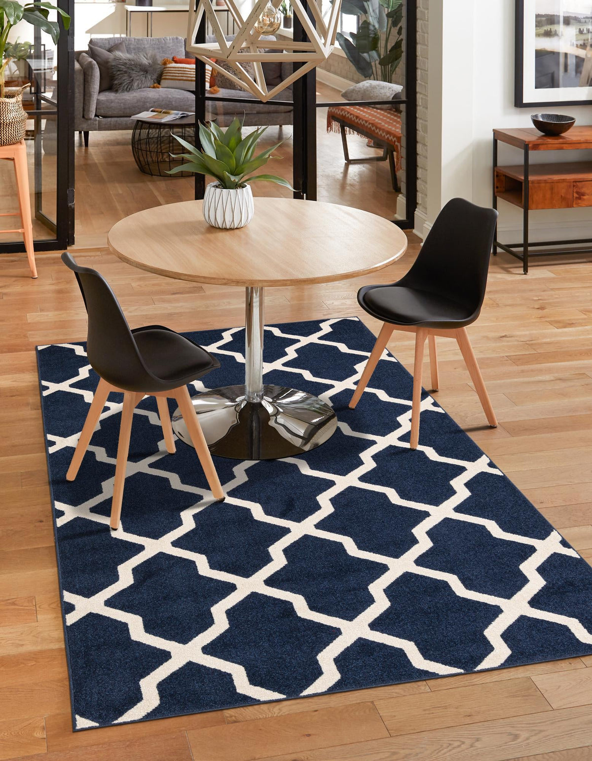 Lattice Gardens Collection Area Rug -  Floratown Rectangle Navy Blue  lifestyle 10