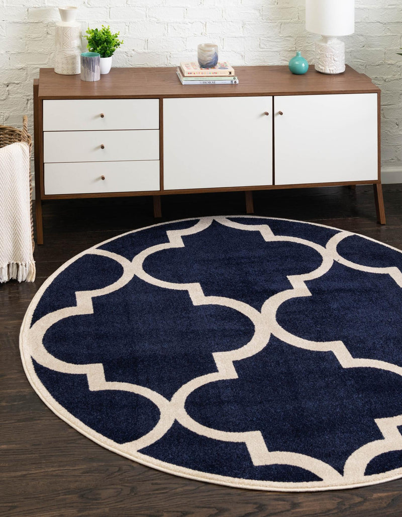 Lattice Gardens Collection Area Rug -  Espaliera Round Navy Blue  lifestyle 70