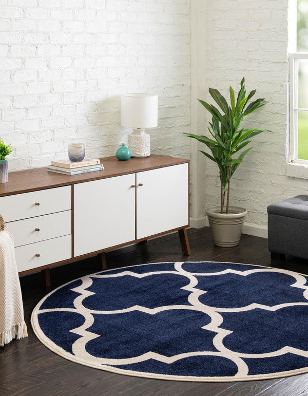 Lattice Gardens Collection Area Rug -  Espaliera Round Navy Blue  lifestyle 75