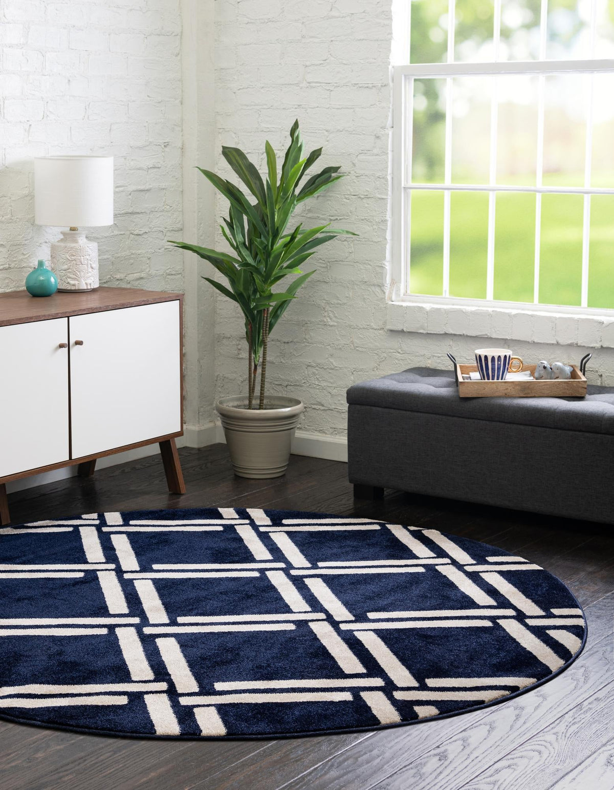 Lattice Gardens Collection Area Rug -  Gardenvale Round Navy Blue  lifestyle 37