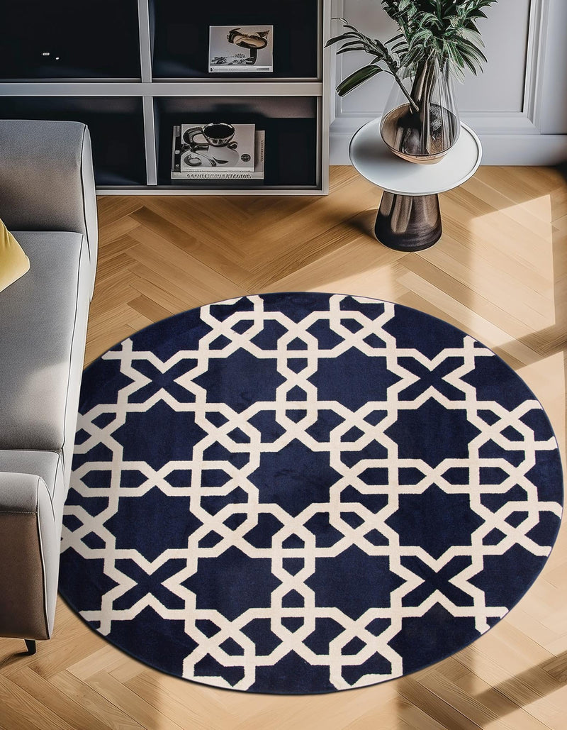 Lattice Gardens Collection Area Rug -  Greenhedge Round Navy Blue  lifestyle 54