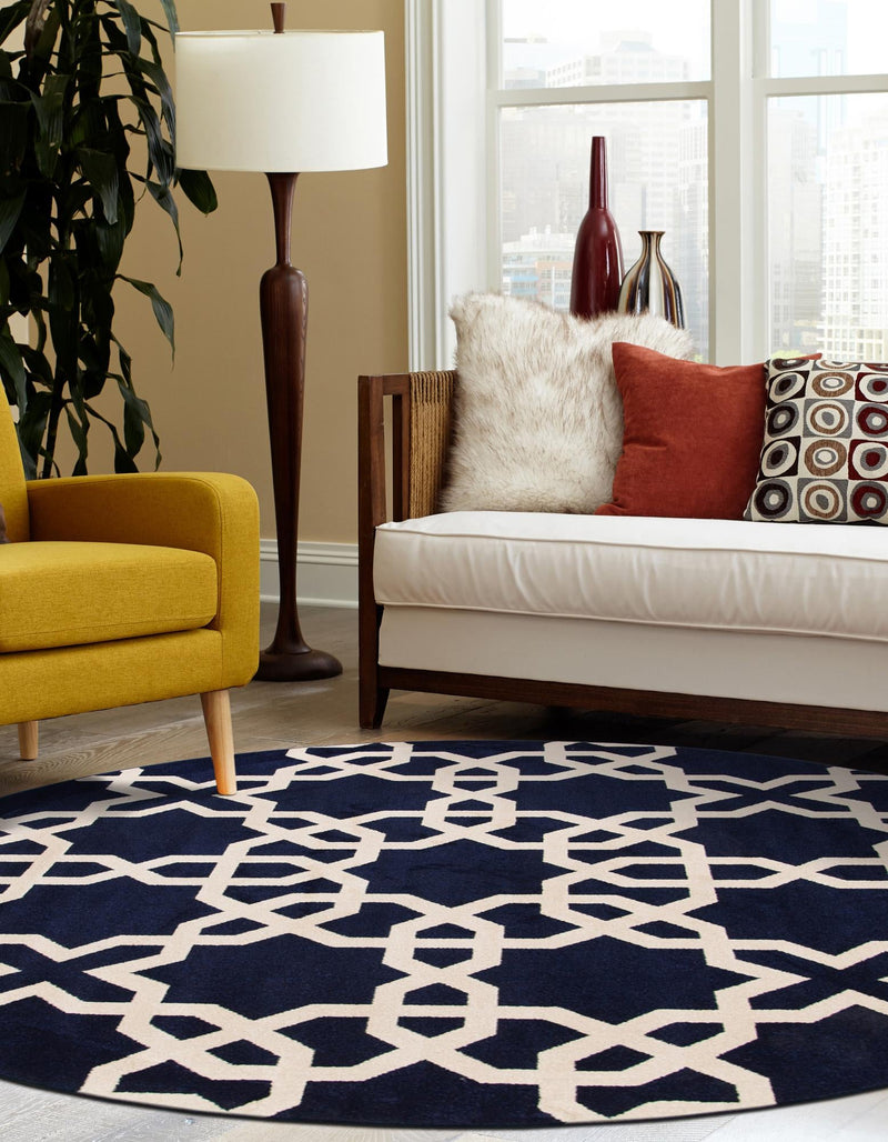 Lattice Gardens Collection Area Rug -  Greenhedge Round Navy Blue  lifestyle 57