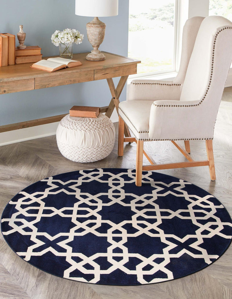 Lattice Gardens Collection Area Rug -  Greenhedge Round Navy Blue  lifestyle 60