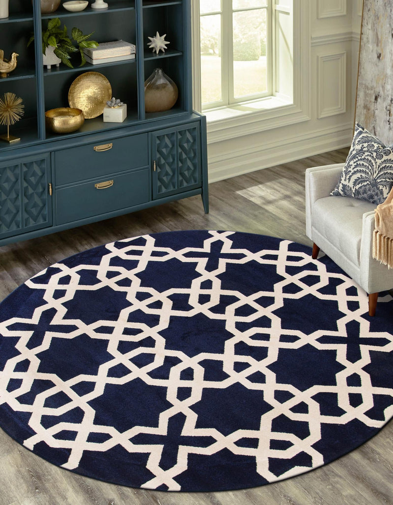 Lattice Gardens Collection Area Rug -  Greenhedge Round Navy Blue  lifestyle 63