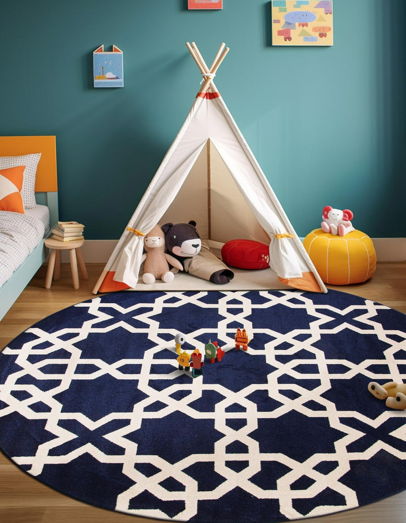 Lattice Gardens Collection Area Rug -  Greenhedge Round Navy Blue  lifestyle 69