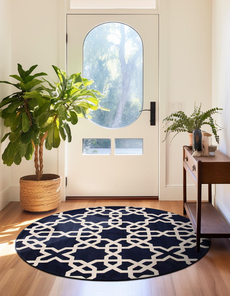 Lattice Gardens Collection Area Rug -  Greenhedge Round Navy Blue  lifestyle 75