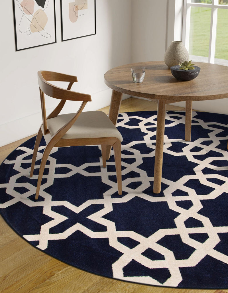 Lattice Gardens Collection Area Rug -  Greenhedge Round Navy Blue  lifestyle 78