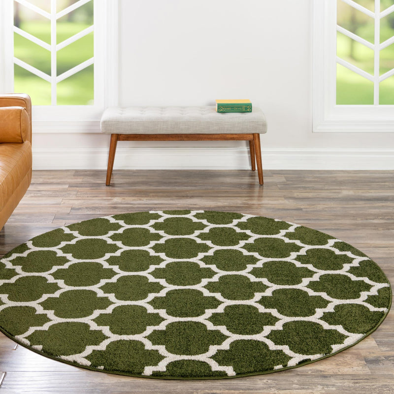 Lattice Gardens Collection Area Rug -  Bloomfield (Dark Green) Round Dark Green  lifestyle 59