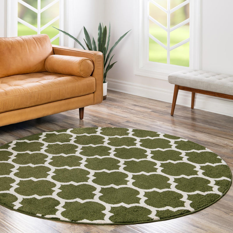 Lattice Gardens Collection Area Rug -  Bloomfield (Dark Green) Round Dark Green  lifestyle 60