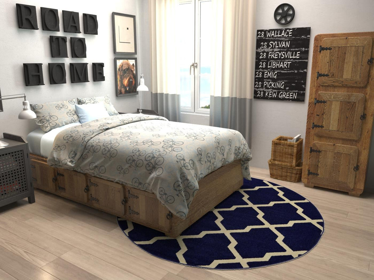 Lattice Gardens Collection Area Rug -  Floratown Round Navy Blue  lifestyle 29
