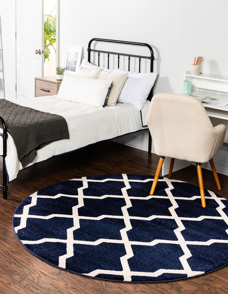 Lattice Gardens Collection Area Rug -  Floratown Round Navy Blue  lifestyle 31