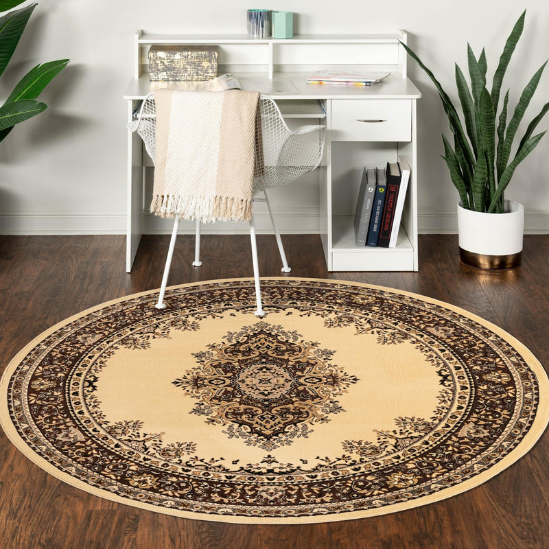 Tabriz Tapestry Collection Area Rug - Azerbaijan (Ivory) Round Ivory  lifestyle 56