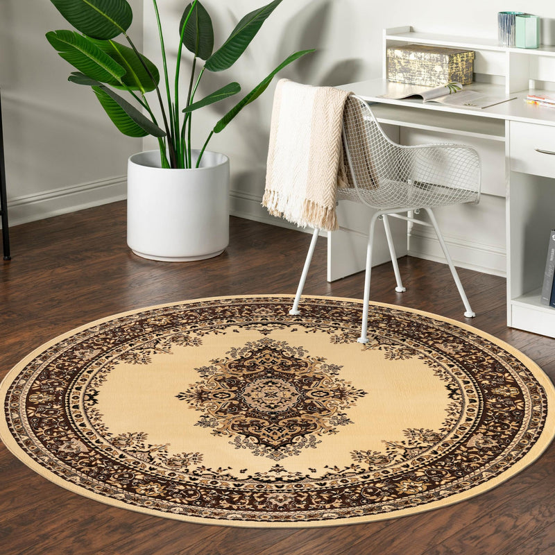 Tabriz Tapestry Collection Area Rug - Azerbaijan (Ivory) Round Ivory  lifestyle 57