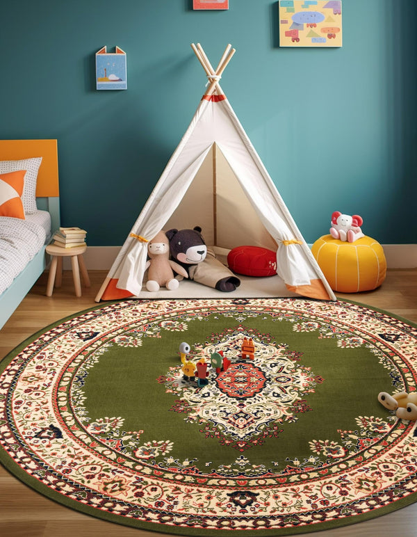 Tabriz Tapestry Collection Area Rug - Azerbaijan (Green) Round Green  lifestyle 48