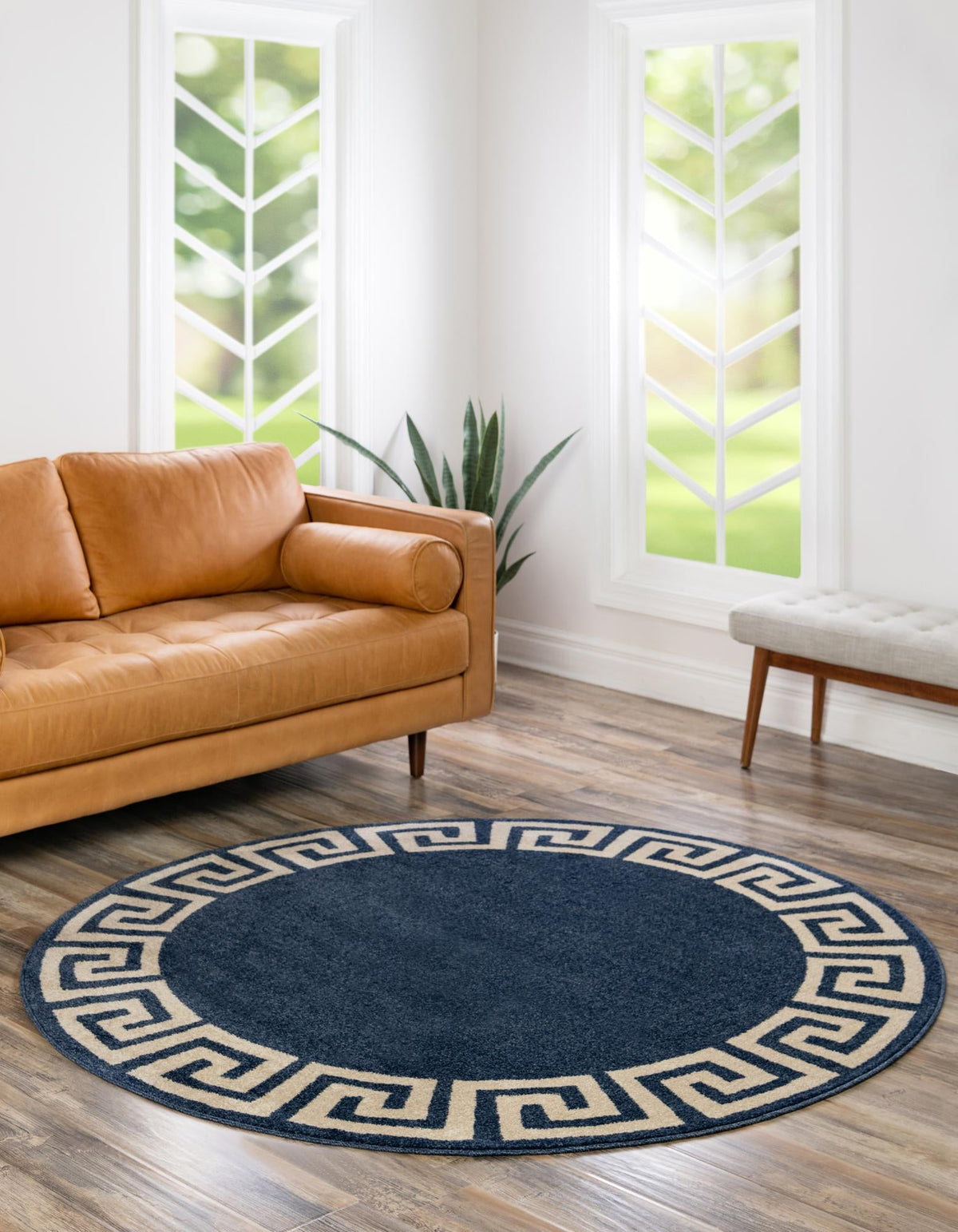 Aegean Labyrinth Collection Area Rug -  Santorini Round Navy Blue  lifestyle 48