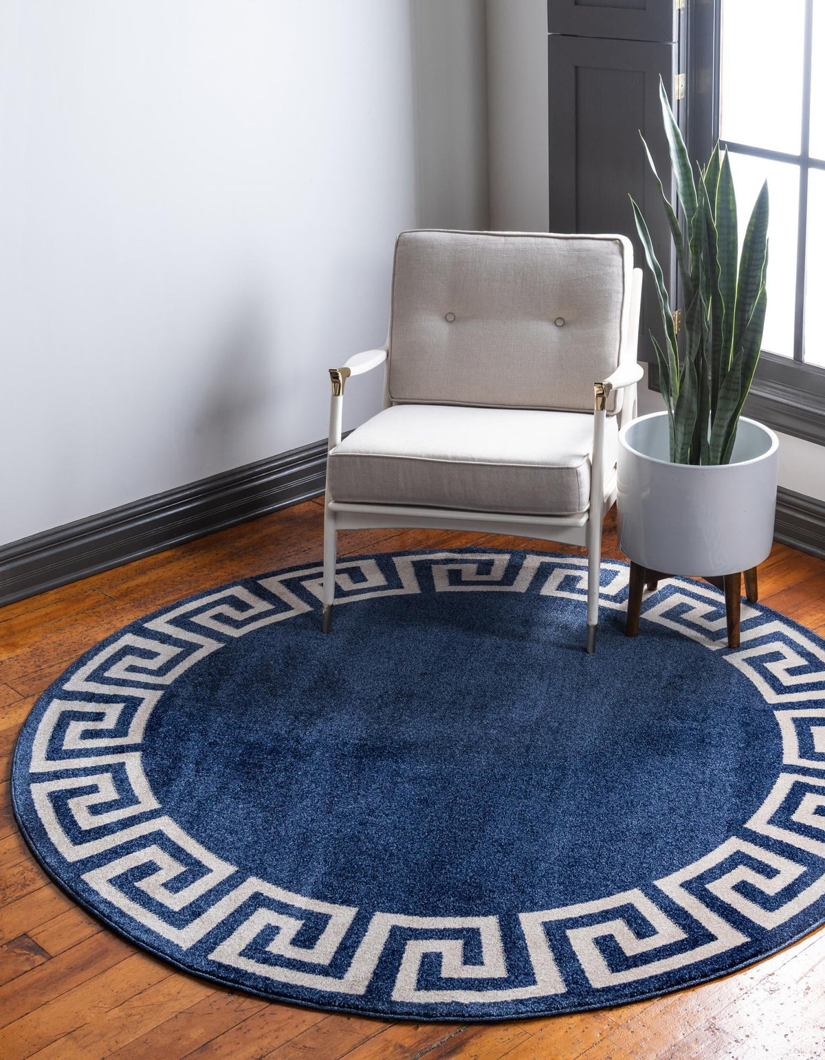 Aegean Labyrinth Collection Area Rug -  Santorini Round Navy Blue  lifestyle 53