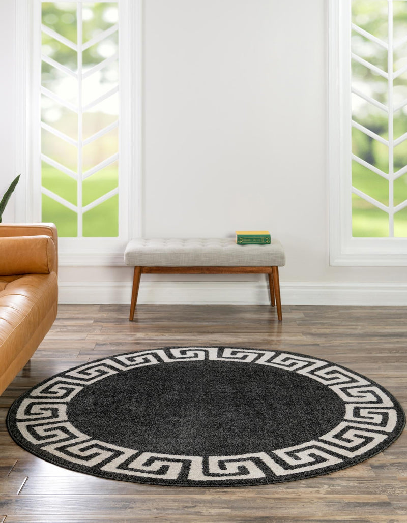 Aegean Labyrinth Collection Area Rug -  Santorini Round Charcoal  lifestyle 96