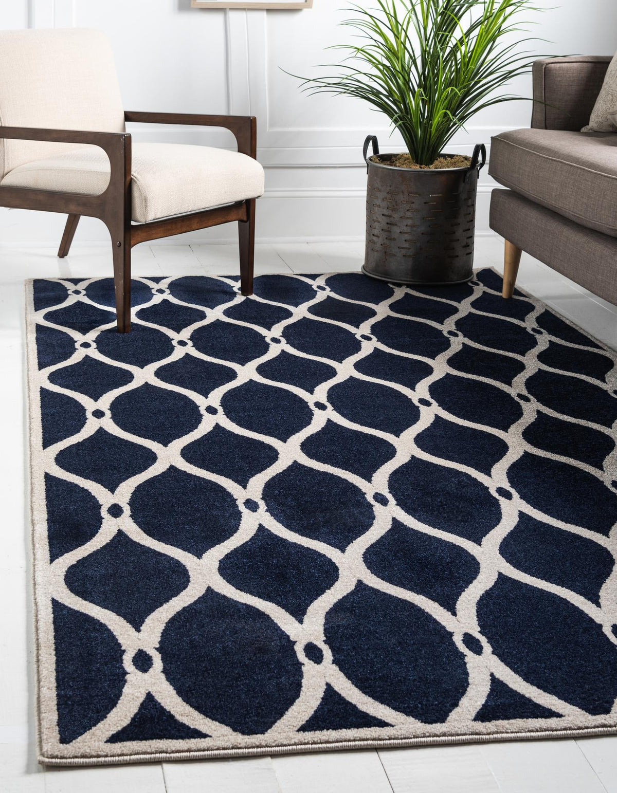 Lattice Gardens Collection Area Rug -  Foliagefield Rectangle Navy Blue  lifestyle 2