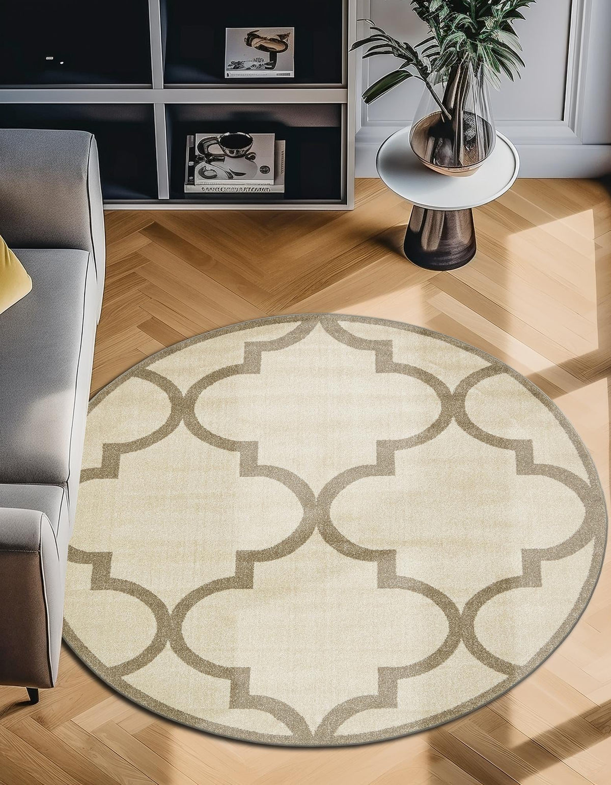 Lattice Gardens Collection Area Rug -  Espaliera Round Beige and Light Brown  lifestyle 117