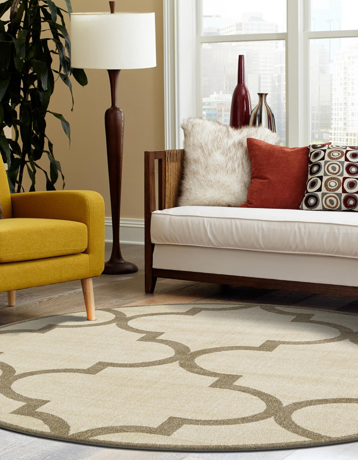 Lattice Gardens Collection Area Rug -  Espaliera Round Beige and Light Brown  lifestyle 128