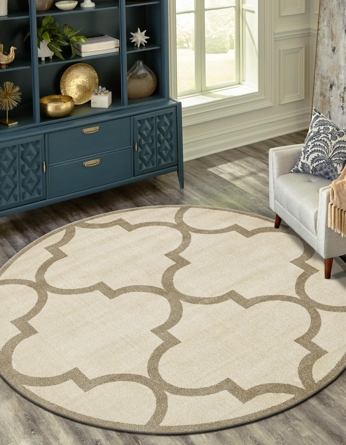 Lattice Gardens Collection Area Rug -  Espaliera Round Beige and Light Brown  lifestyle 148