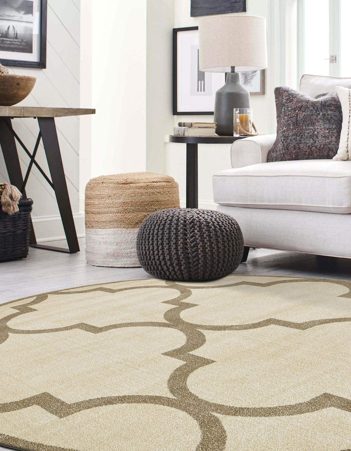 Lattice Gardens Collection Area Rug -  Espaliera Round Beige and Light Brown  lifestyle 157