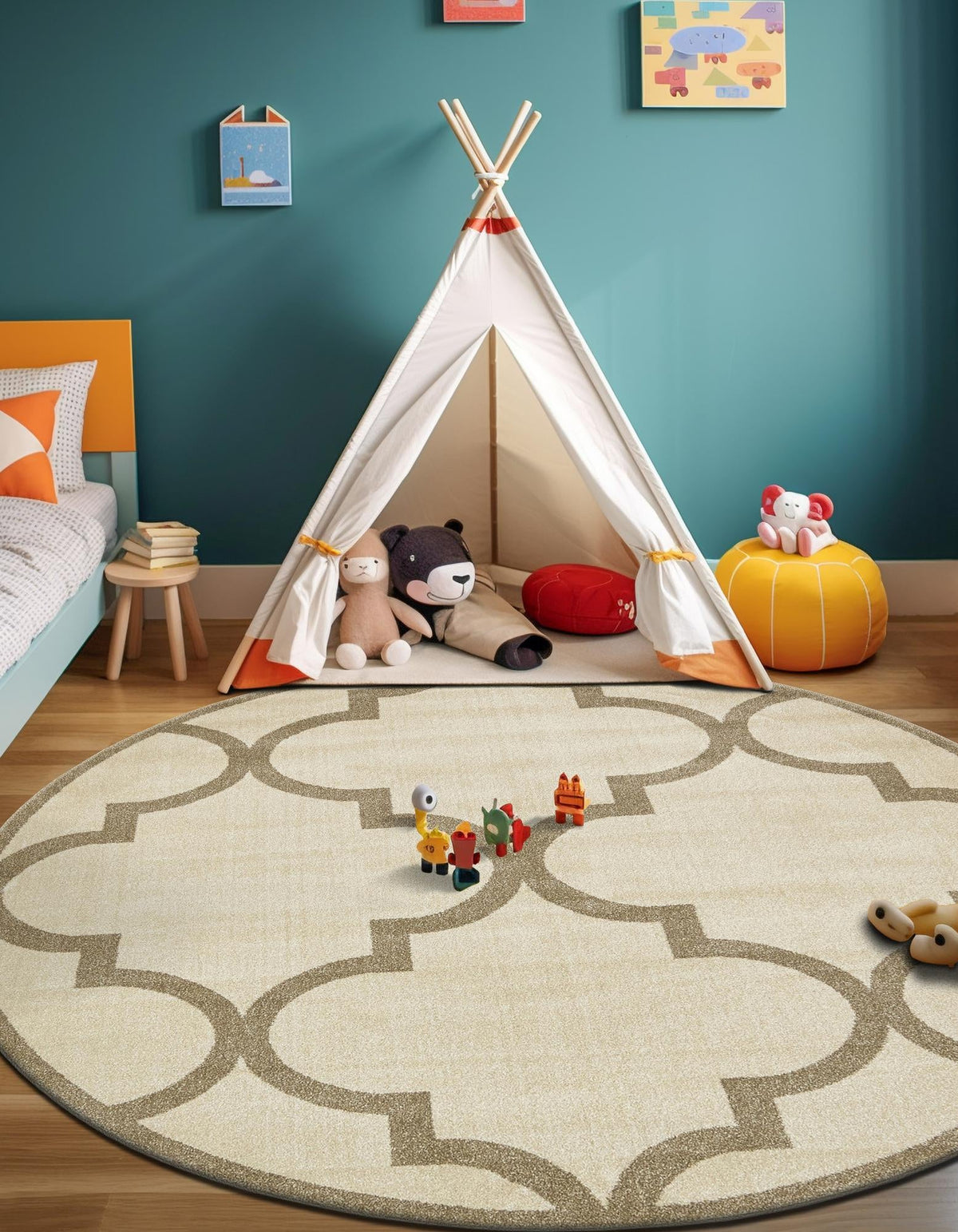 Lattice Gardens Collection Area Rug -  Espaliera Round Beige and Light Brown  lifestyle 167