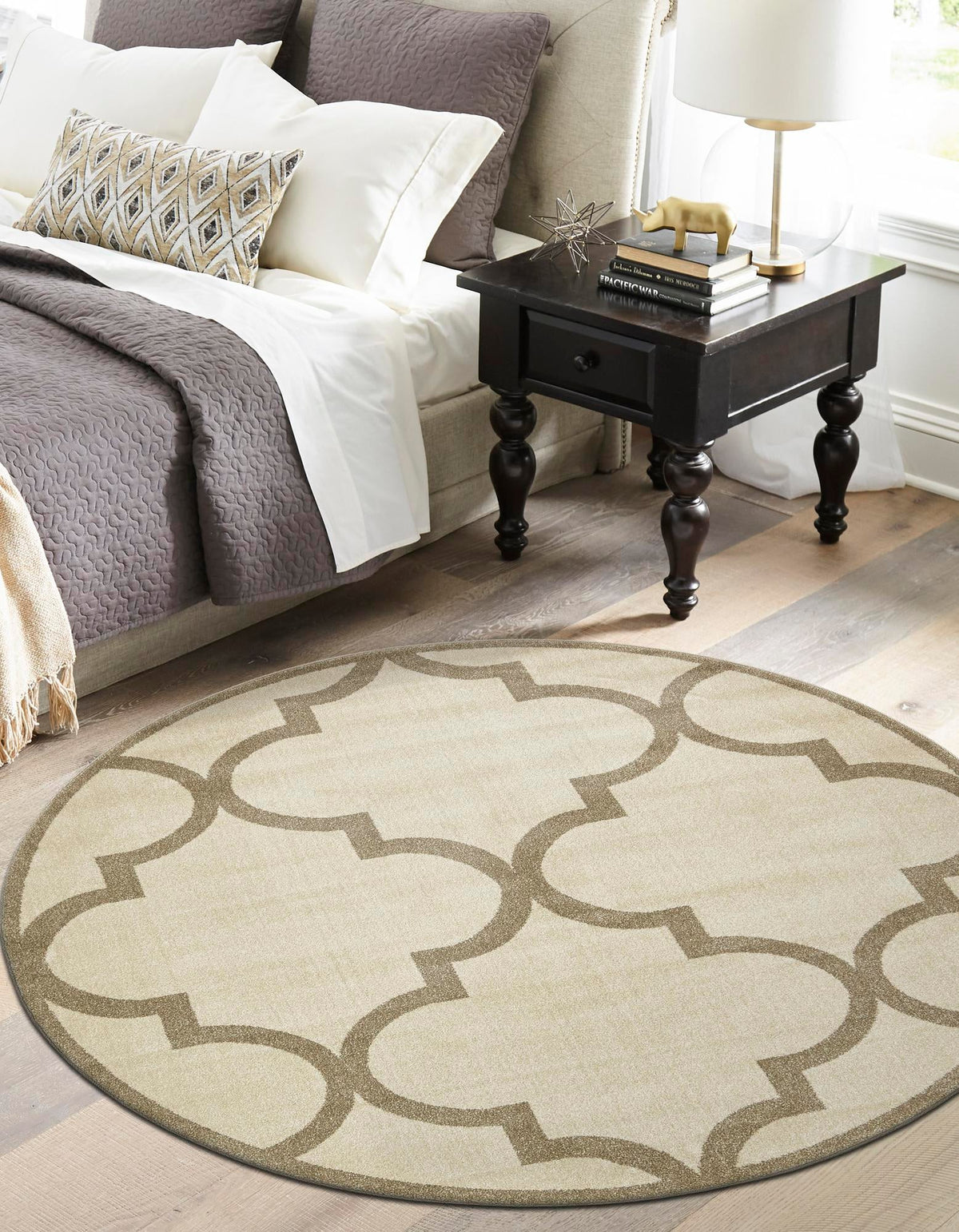 Lattice Gardens Collection Area Rug -  Espaliera Round Beige and Light Brown  lifestyle 177