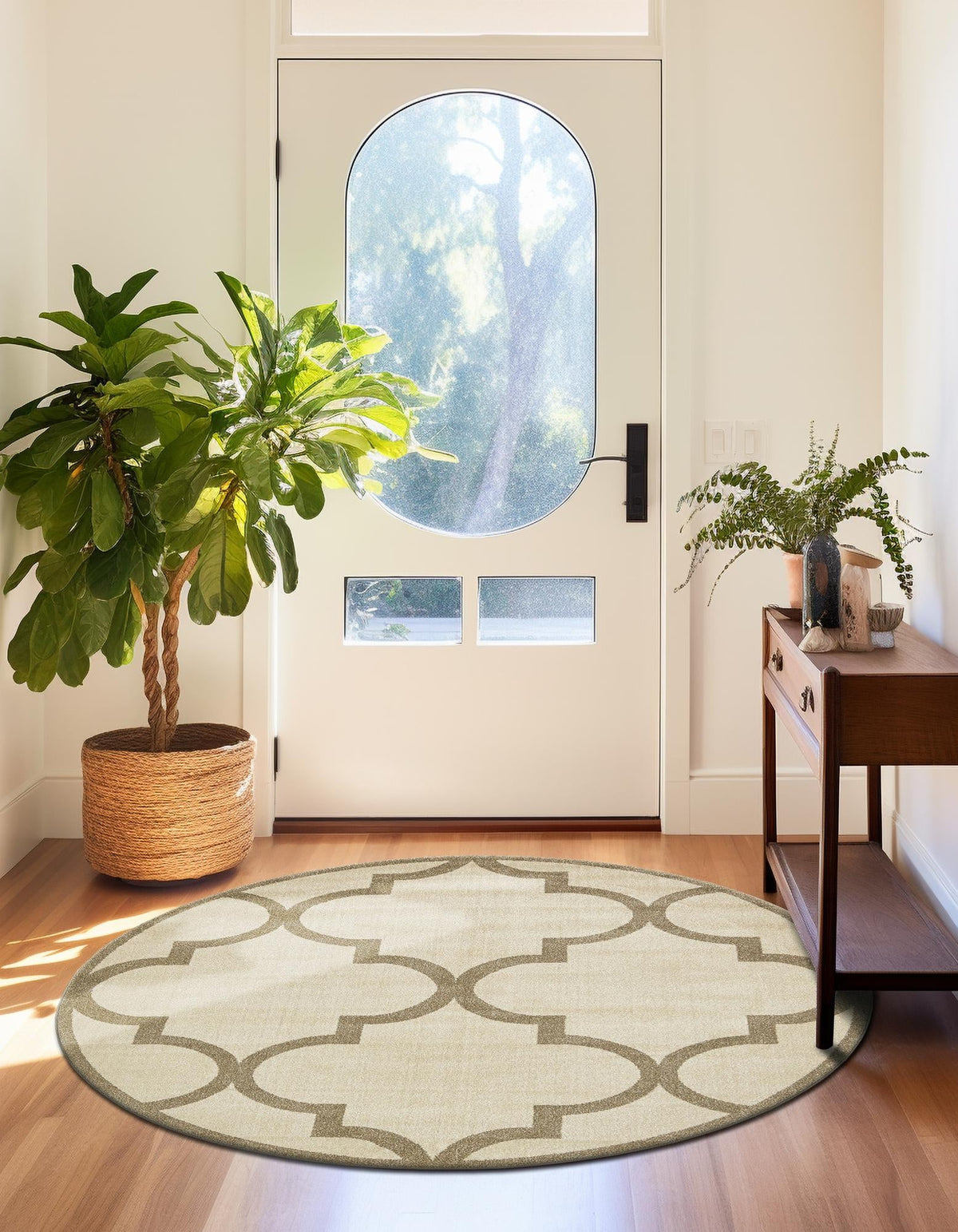 Lattice Gardens Collection Area Rug -  Espaliera Round Beige and Light Brown  lifestyle 187
