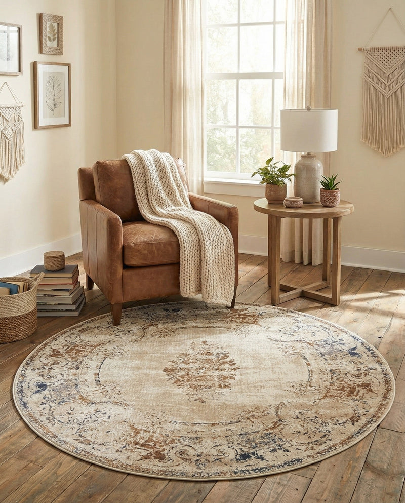 Coastal Manor Collection Area Rug -  Pierpoint Round Blue Cream  lifestyle 60