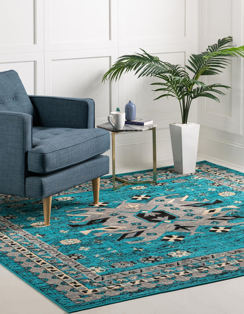 Tabriz Tapestries Collection Area Rug - Azerbaijan (Turquoise) Square Turquoise  lifestyle 23
