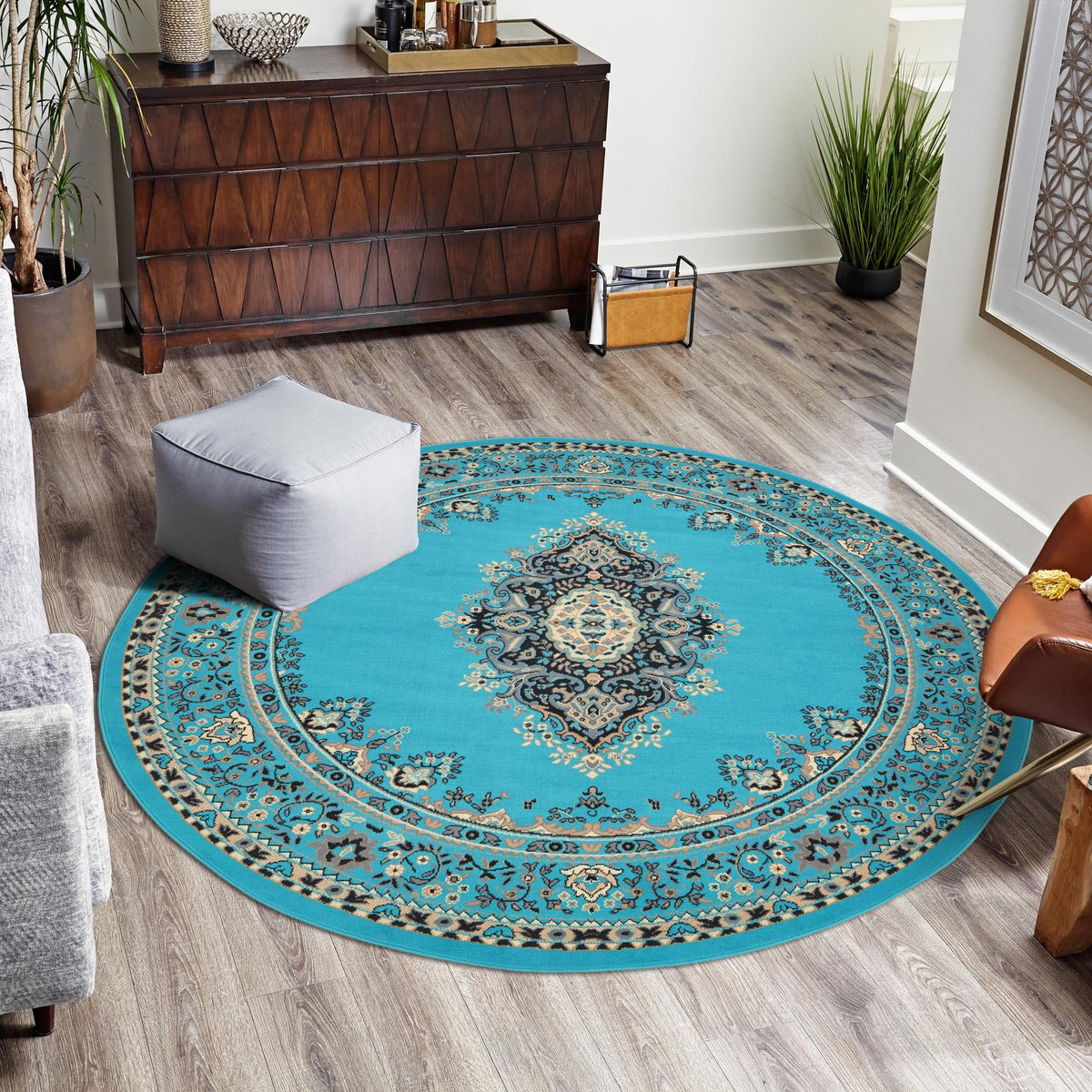 Tabriz Tapestry Collection Area Rug - Azerbaijan (Turquoise) Round Turquoise  lifestyle 35