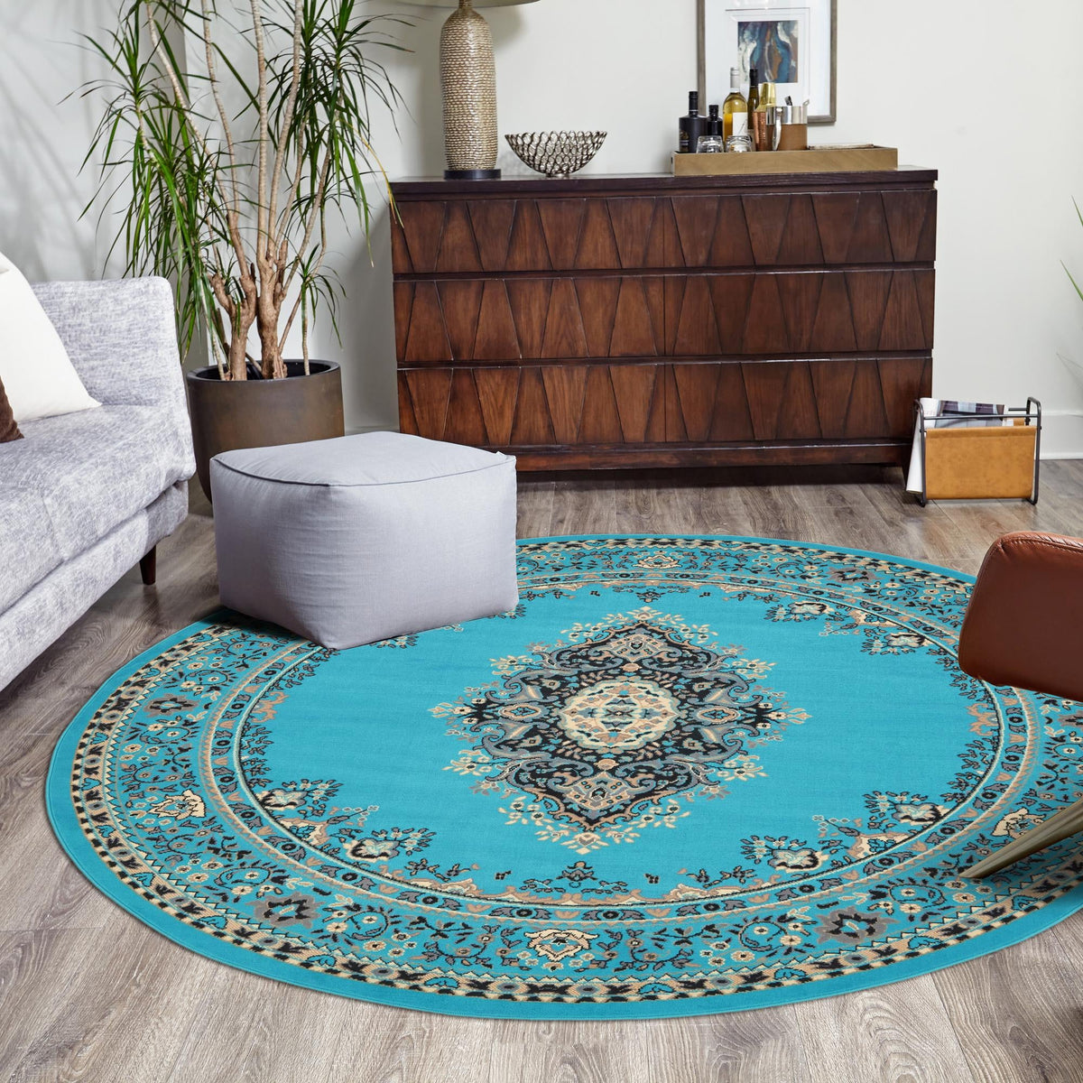 Tabriz Tapestry Collection Area Rug - Azerbaijan (Turquoise) Round Turquoise  lifestyle 37
