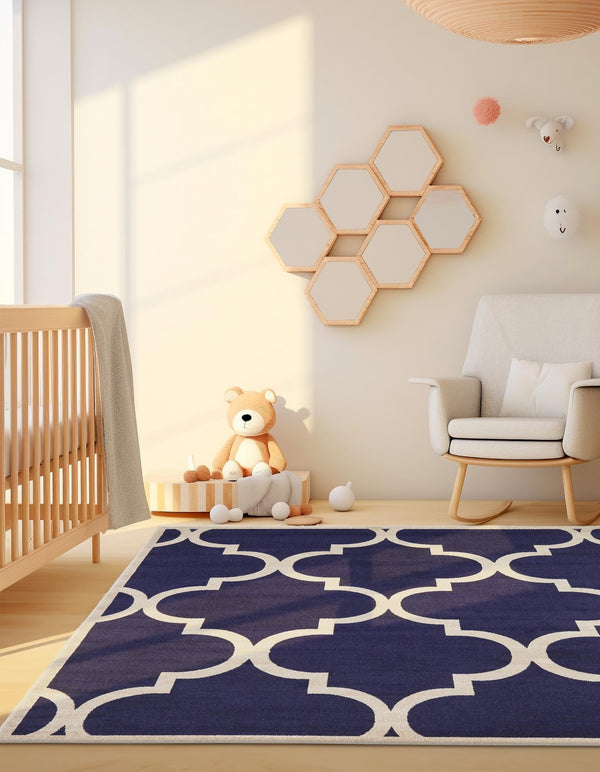 Lattice Gardens Collection Area Rug -  Espaliera Square Navy Blue  lifestyle 86