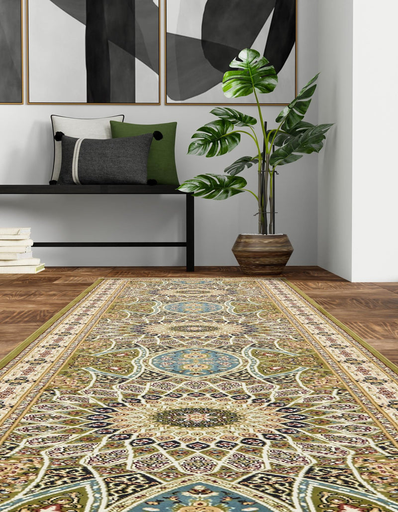Persian Elegance Collection Area Rug -  Hamedan (Green) Runner Green  lifestyle 27