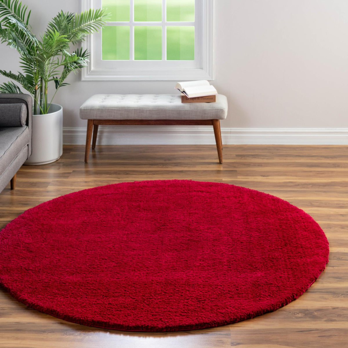Solid Shag Seaside Collection Area Rug - Azure Cove (Red) Round Red  lifestyle 44