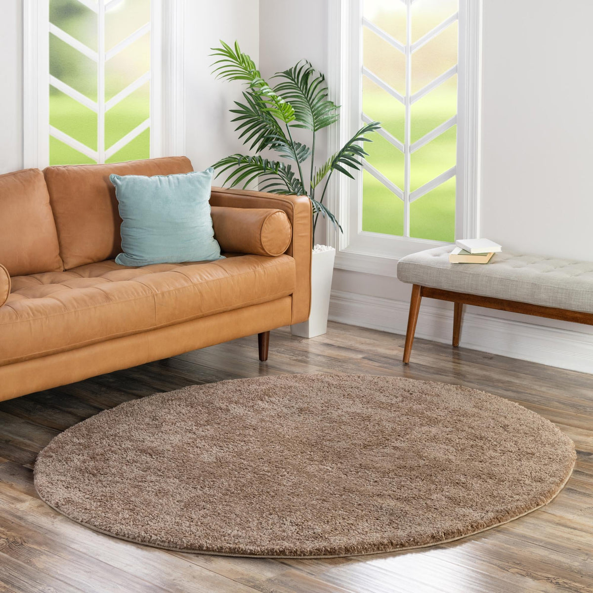 Solid Shag Seaside Collection Area Rug - Azure Cove (Light Brown) Round Light Brown  lifestyle 47
