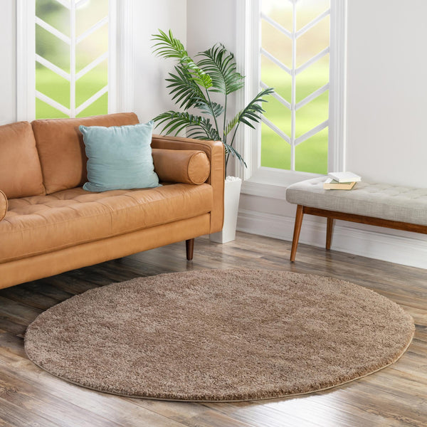 Solid Shag Seaside Collection Area Rug - Azure Cove (Light Brown) Round Light Brown  lifestyle 47