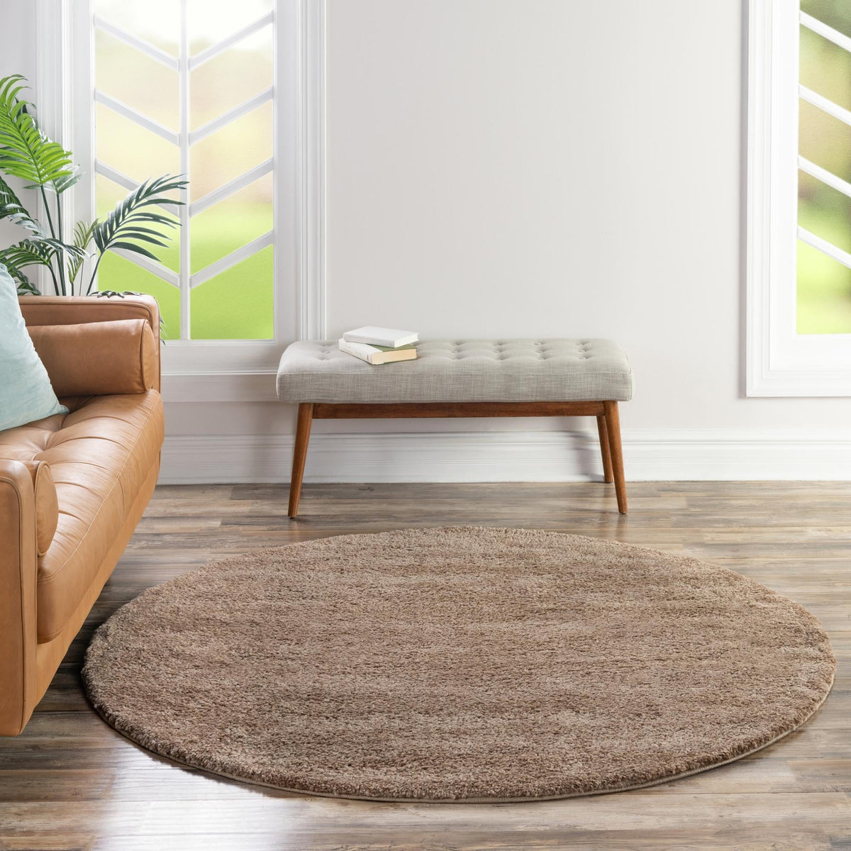 Solid Shag Seaside Collection Area Rug - Azure Cove (Light Brown) Round Light Brown  lifestyle 49