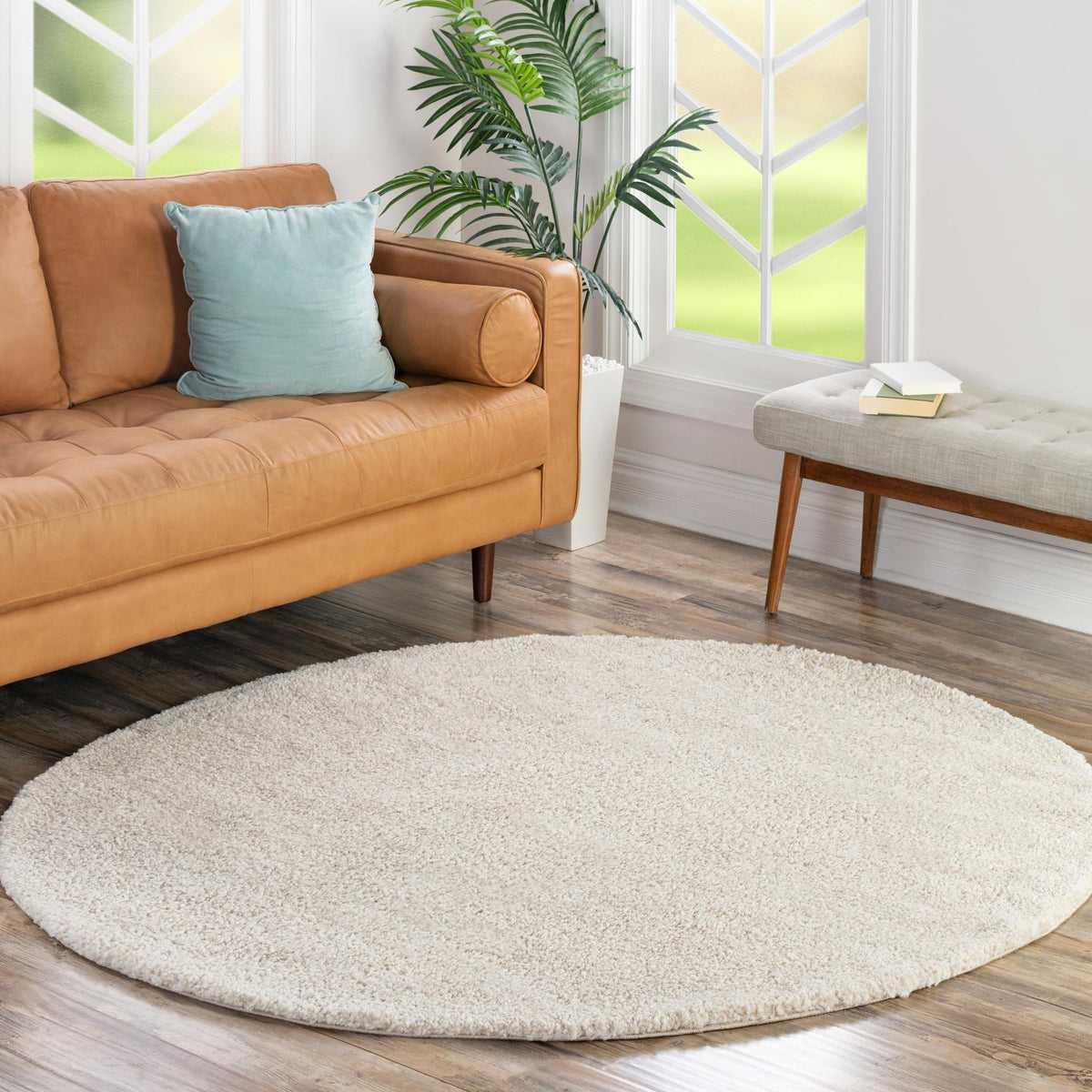 Solid Shag Seaside Collection Area Rug - Azure Cove (Ivory) Round Ivory  lifestyle 92