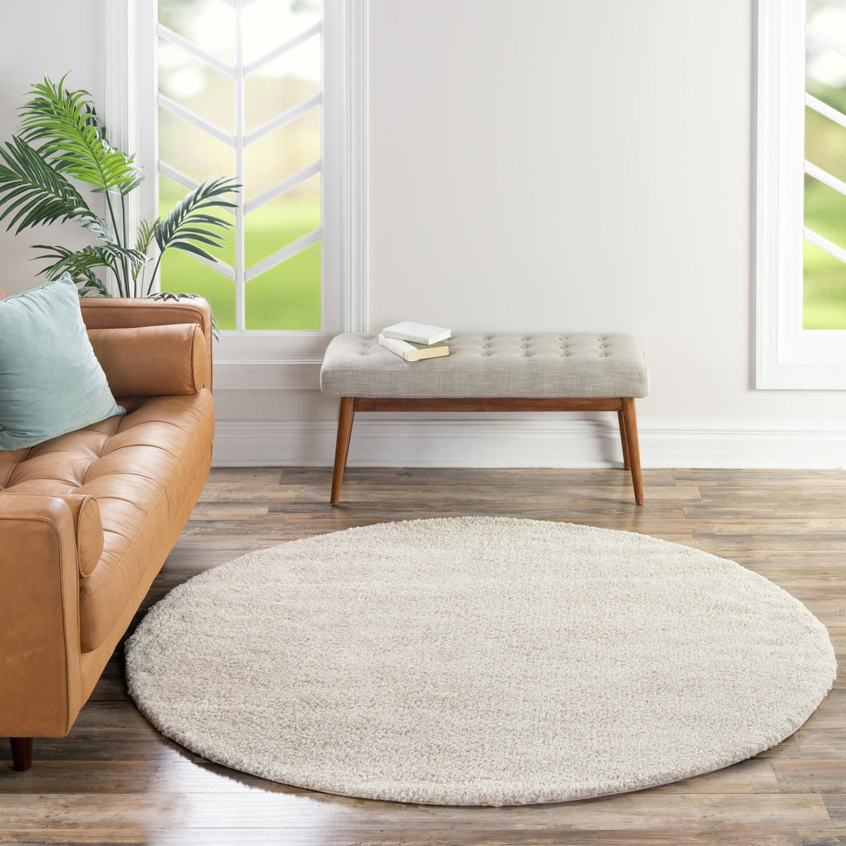 Solid Shag Seaside Collection Area Rug - Azure Cove (Ivory) Round Ivory  lifestyle 94