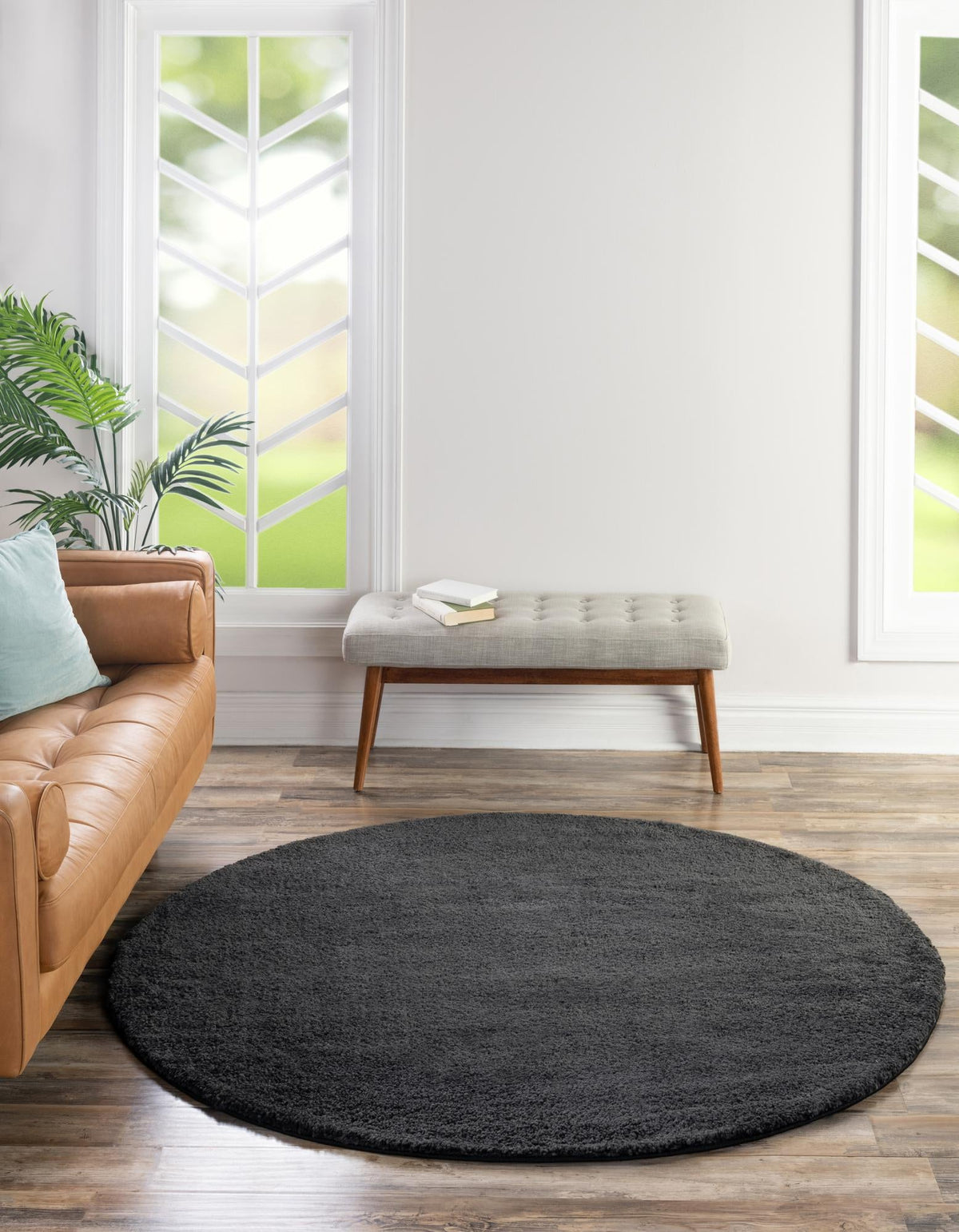 Solid Shag Seaside Collection Area Rug - Azure Cove (Charcoal) Round Charcoal  lifestyle 20