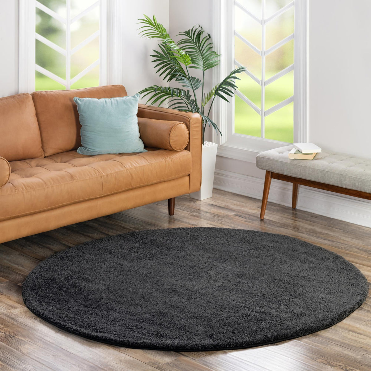 Solid Shag Seaside Collection Area Rug - Azure Cove (Charcoal) Round Charcoal  lifestyle 44