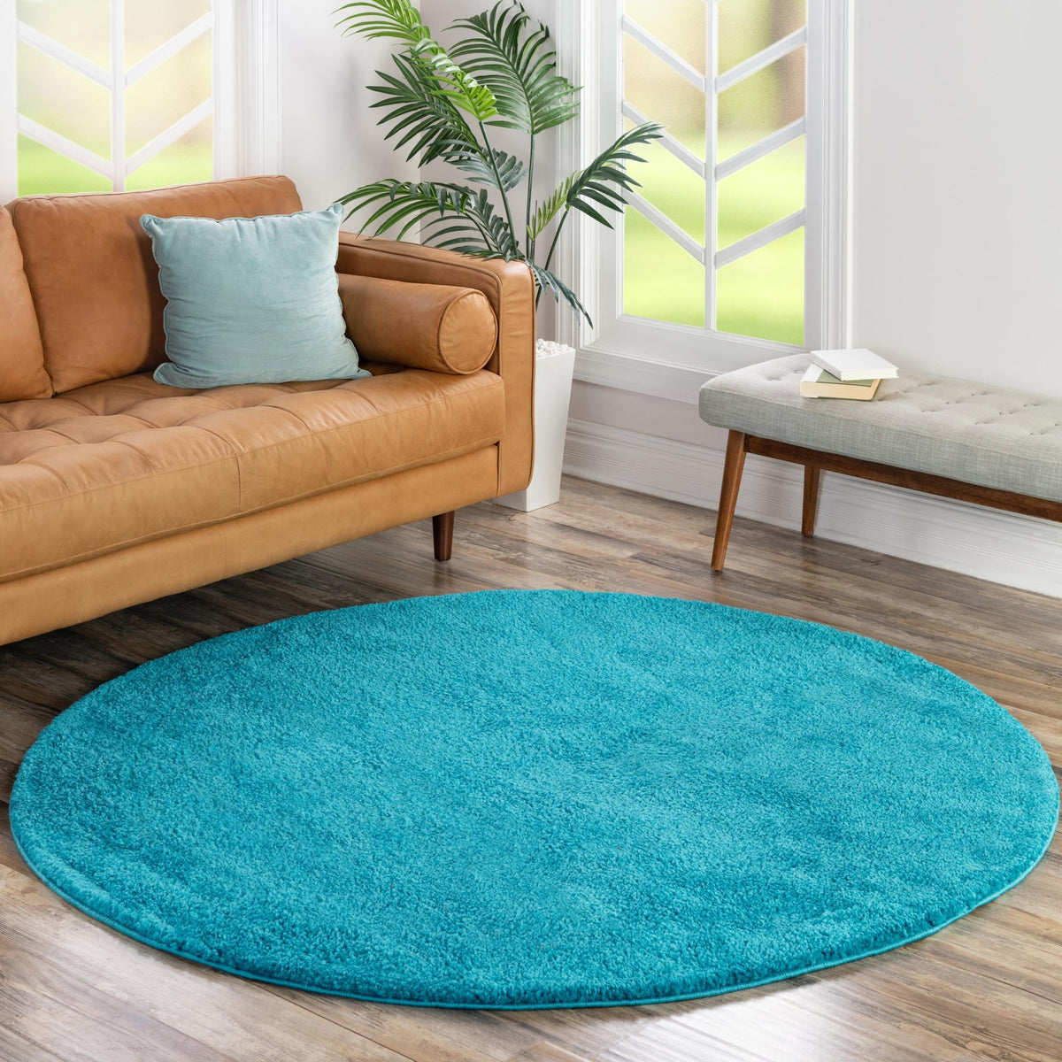Solid Shag Seaside Collection Area Rug - Azure Cove (Turquoise) Round Turquoise  lifestyle 49