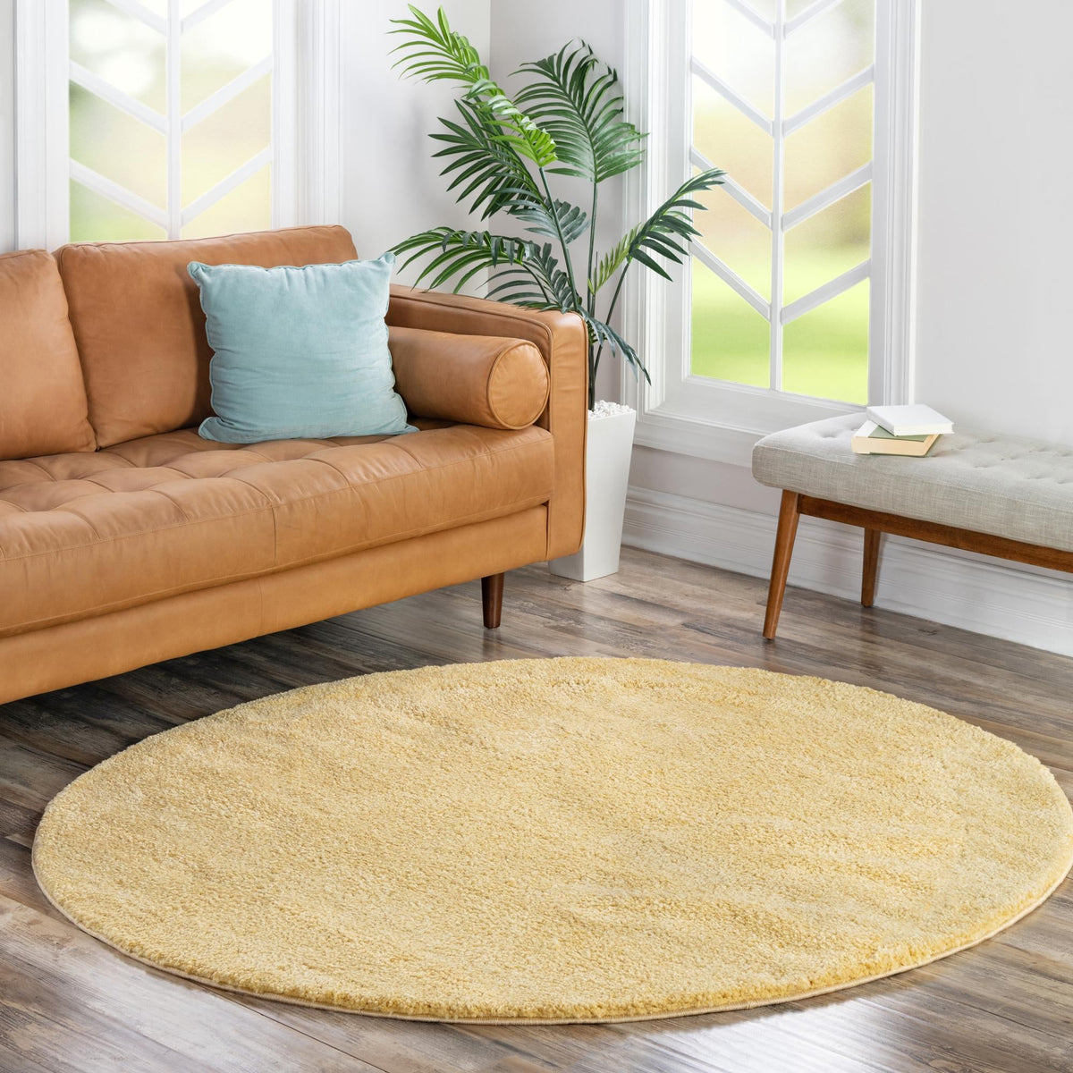 Solid Shag Seaside Collection Area Rug - Azure Cove (Yellow) Round Yellow  lifestyle 47