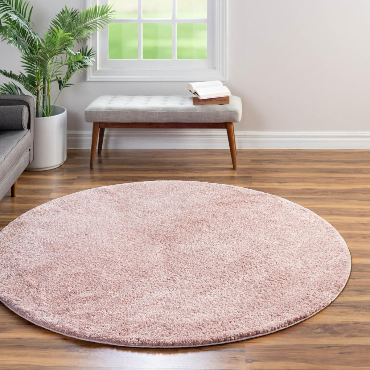 Solid Shag Seaside Collection Area Rug - Azure Cove (Pink) Round Pink  lifestyle 44