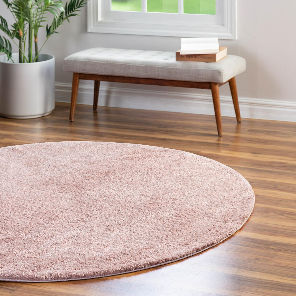 Solid Shag Seaside Collection Area Rug - Azure Cove (Pink) Round Pink  lifestyle 46