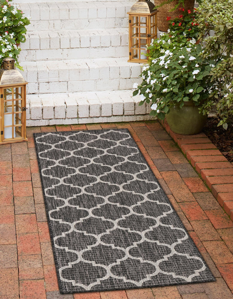 Garden Lattice Oasis Collection Area Rug - Arbor (Black) Runner Black  lifestyle 5