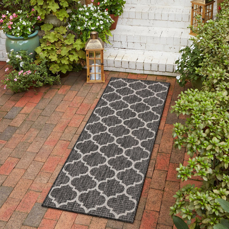 Garden Lattice Oasis Collection Area Rug - Arbor (Black) Runner Black  lifestyle 23