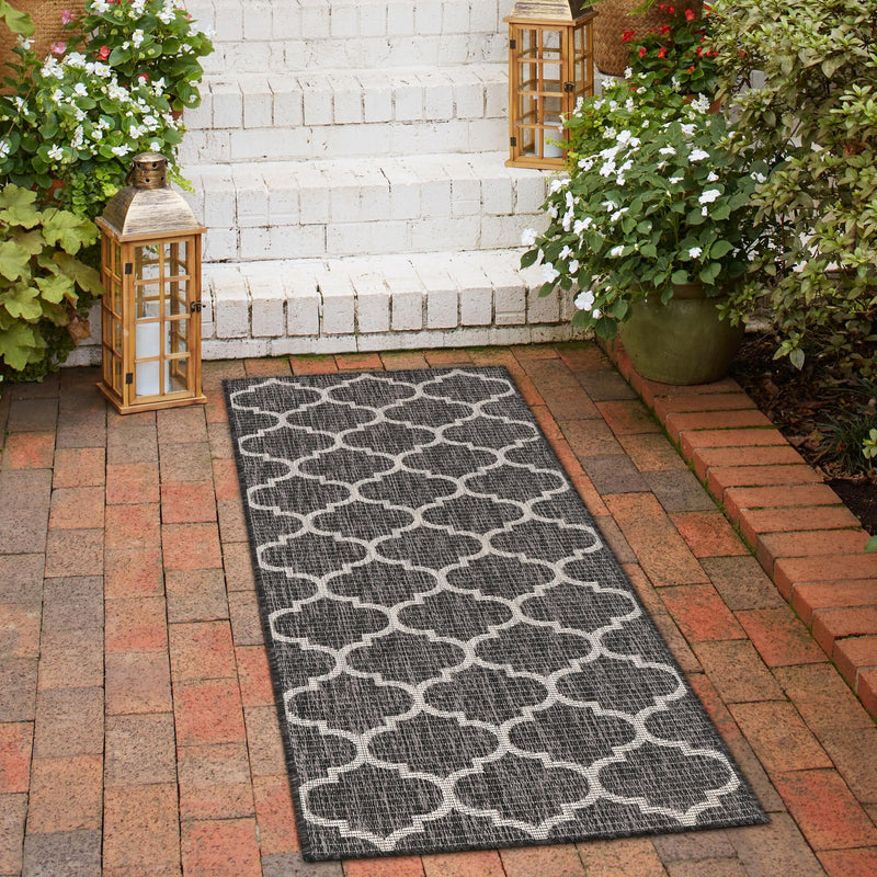 Garden Lattice Oasis Collection Area Rug - Arbor (Black) Runner Black  lifestyle 24